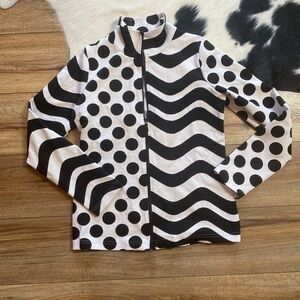 Sno Skins women's jacket in a black and white polka dot and stripe pattern